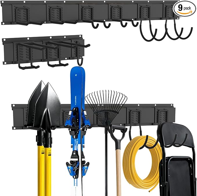 Garage Tool Organizer Wall Mount, Easy to 48inch Install Heavy-Duty Garage Storage System with 9 Adjustable Hooks, Garden Tool Rack for Shovels, Rakes, Yard Tools