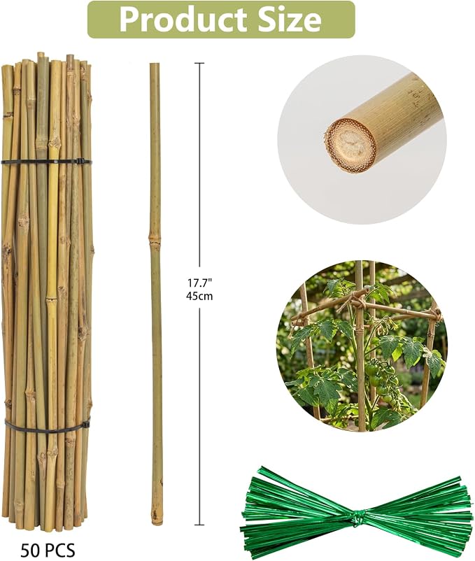 Plant Stakes Natural Bamboo Sticks - 50 Pcs Bamboo Garden Stakes for Plants 18 Inches Plant Support Sticks with Twist Ties for Tomatoes Beans Orchid Flowers Indoor Outdoor Potted Climbing Plants