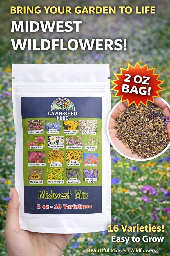 Midwest Mix (2oz) Brings Your Garden to Life with Native Wildflowers for Midwest climates. Easy to Grow, Drought-Resistant, and pollinator-Friendly—just Plant, Water, and Enjoy!