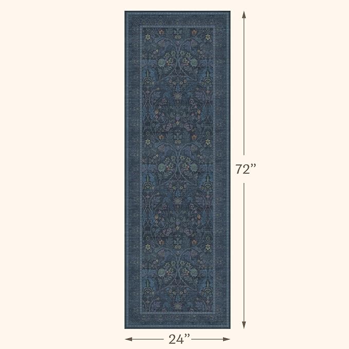 Small Oriental Runner 2x6 Kitchen Runner Rugs Non Slip,Navy Blue Washable Stain Resistant Runner for Entryway, Hallway, Bedside, Bathroom with Floral and Botanical Design