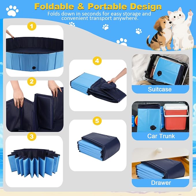 Eooqi Foldable Dog Pool, Collapsible Pet Bath Tub & Kiddie Wading Pool | Portable Hard-Side Dog Swimming Pool for Puppies, Small & Medium Dogs, Cats and Kids (Blue, 32"-S)