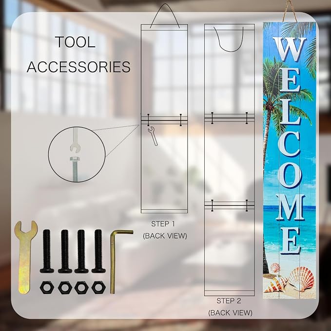 Vertical Wood Welcome Sign for Front Porch Vertical Decorative Sign Front Door Outdoor Indoor Welcome Sign 47.2x7.8 Inch Beach Shell Outdoor Decor for Welcome Front Porch Decorations.