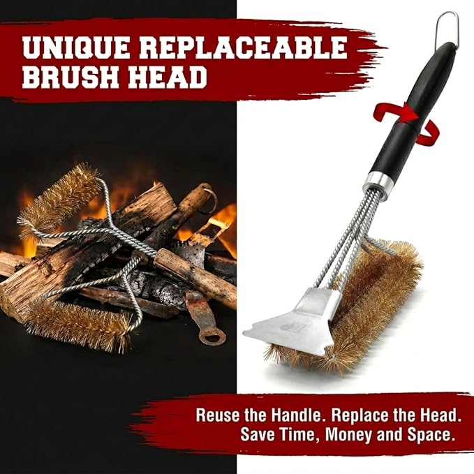 Kitchen Perfection Brass BBQ Grill Cleaning Brush and Scraper -GrillSaver | Safe Brass Wire Bristles for Porcelain & Ceramic Grates, Replaceable Head, Magnetic Hanger, Bottle Opener & 3 Ebooks