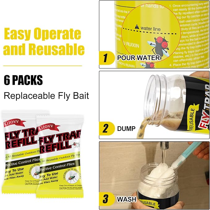 4 Fly Traps Outdoor Fly Trap for Patio with 4 Dissolvable Bait Refills, Reusable Hanging Bug Catcher Killer Bottle for Outside Bug Control Yard Ranch Barns Stable, Hanging Rope, Brush Included