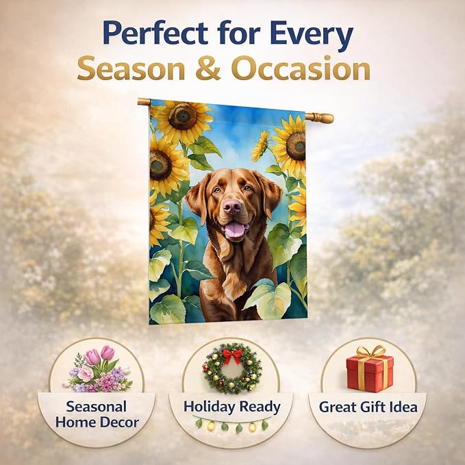 Caroline's Treasures DAC6050CHF Chesapeake Bay Retriever in Sunflowers House Flag Large Porch Sleeve Pole Decorative Outside Yard Banner Artwork Wall Hanging, Polyester, House Size, Multicolor
