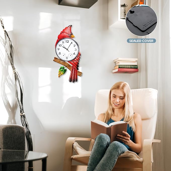 MUMTOP Cardinal Outdoor Clock Waterproof, 15.35 Inch Outside Wall Clock with Thermometer Combo for Patio Pool Garden Home Decor