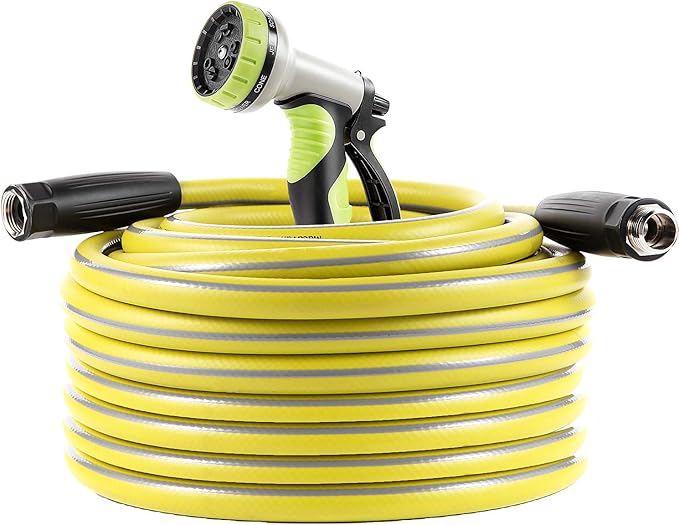 Garden Hose 100 ft Heavy Duty-Water Hose with 9 Way Spray Nozzle and Flexible 4 Layers Hybrid-3/4’’ Nickel Plated Brass Fittings-5/8’’ Inner Core-Lead-Free Outdoor Durable Lightweight Pipe Set
