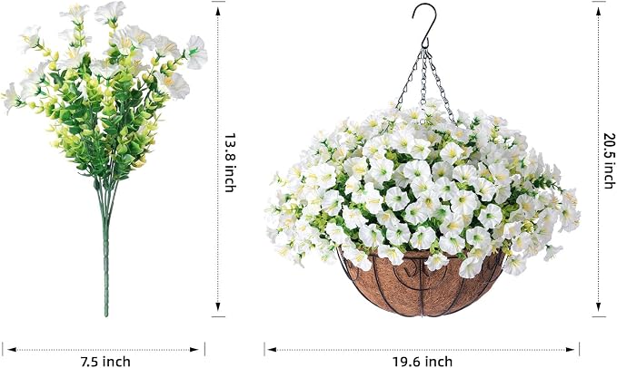 2 Set Artificial Hanging Flowers Baskets for Outdoors Faux Spring Plants, 24 Pcs UV Resistant Faux Silk White Morning Glory with 2 Outdoor Hanging Planters Realistic for Outside Porch Patio Decor