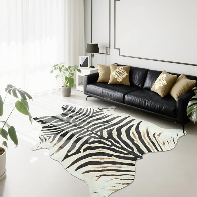 BENRON Zebra Rug, Animal Print Rug for Living Room Bedroom 4.6x5.2ft | Western Faux Zebra Print Rug, Animal Skin Carpets, Non-Slip Throw Rug for Home Decor, Black and Brown, Ivory