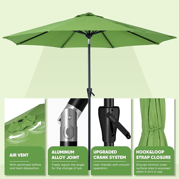 Tempera Patio Market Outdoor Table Umbrella with Push Button Tilt and Crank, Large Sun Umbrella with Sturdy Pole & Fade Resistant Canopy, Easy to Set