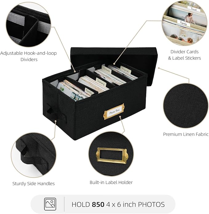 Linen Photo Storage Box with Adjustable Hook and Loop Dividers, Holds 850 4"x6" Photos, Collapsible Picture Organizer with Handle and Label Stickers, Memory Keepsake Box for Women, Black
