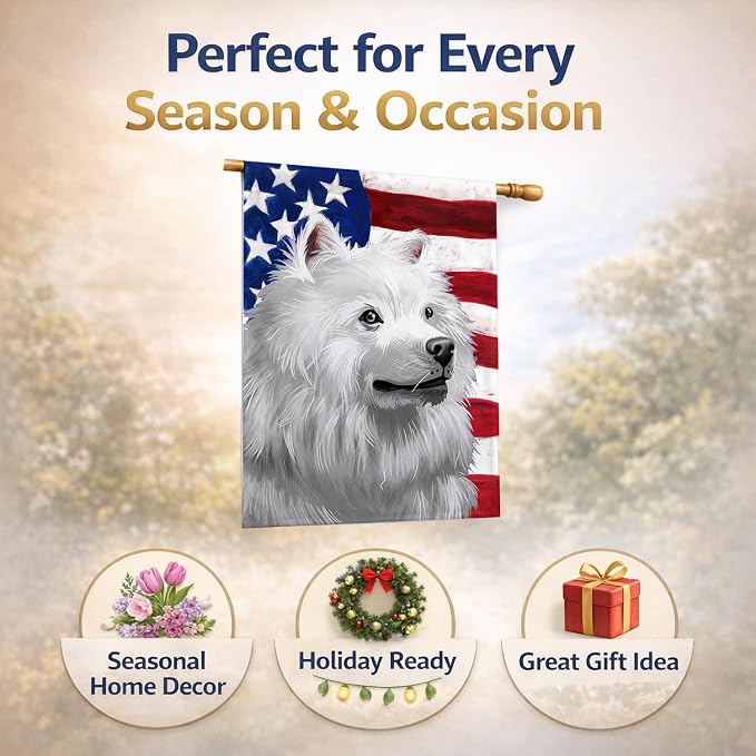 Caroline's Treasures CK6398CHF American Eskimo Dog American Flag House Flag Large Porch Sleeve Pole Decorative Outside Yard Banner Artwork Wall Hanging, Polyester, House Size, Multicolor