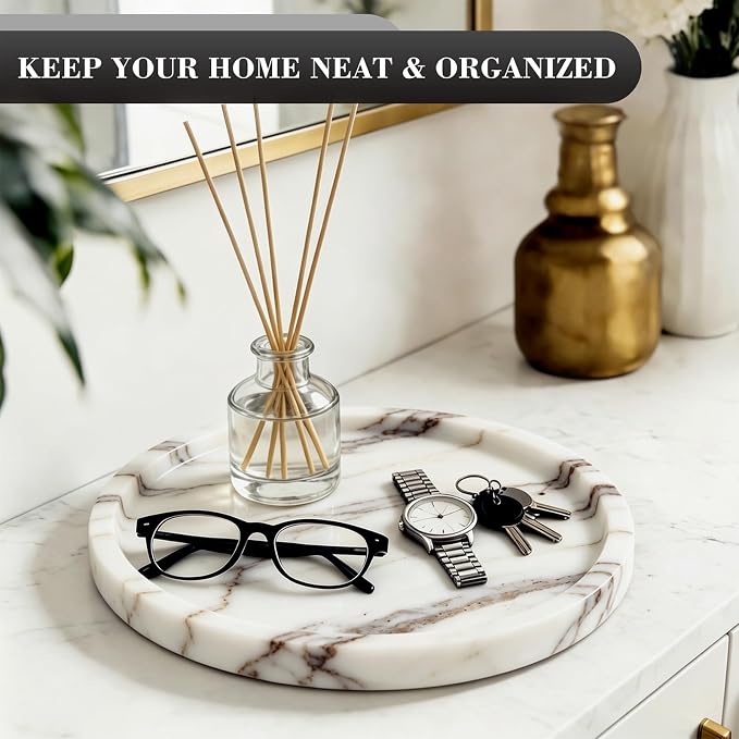 Natural Round Marble Tray - 7.8” Marble Perfume Tray for Dresser, Vanity, Bathroom, Decorative Jewelry Dish for Rings Earrings Necklaces, Stone Tray for Home Décor, Calacatta