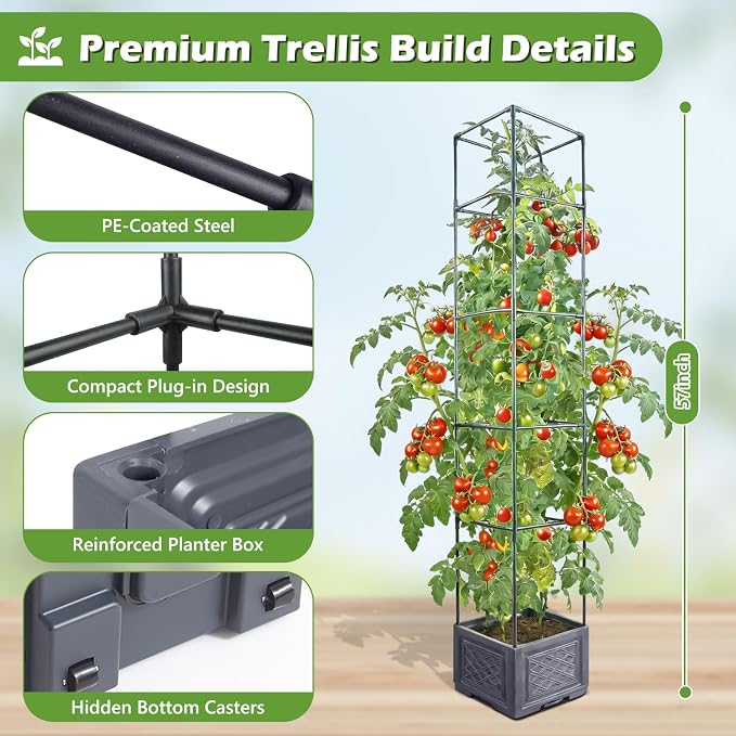55 Inch Raised Garden Bed with Trellis, Self-Watering Tomato Planter Box with Hidden Rolling Wheels, Vertical Plant Support Cage for Climbing Vegetables Tomatoes Vines Flowers Indoor Outdoor 2 Pack
