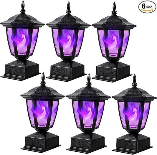 Dynaming Solar Flame Post Cap Lights Outdoor, Halloween Flickering Purple Flame Post Lights, Solar Powered LED Lantern Waterproof for Garden Deck Fence Patio, Fit 4x4, 5x5 or 6x6 Wooden Posts, 6 Pack