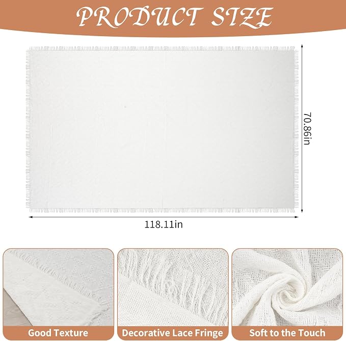 YEXEXINM Extra Large Outdoor Picnic Blanket 118" x 71" Oversize Woven Cotton Yarn Beach Blanket with Fringe, Machine Washable Portable Blanket for Camping, Beach, Park, Fits 6 to 9 Adults (White)