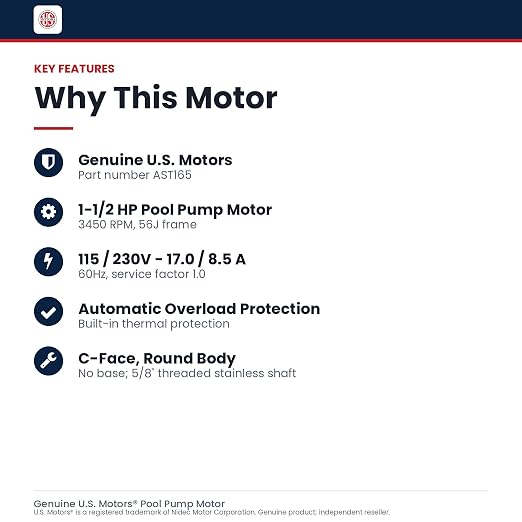 1 1/2 hp 3450 RPM 56J 115/230V Swimming Pool Pump Motor - US Electric Motor # AST165 | 115-230v, 1.5 HP