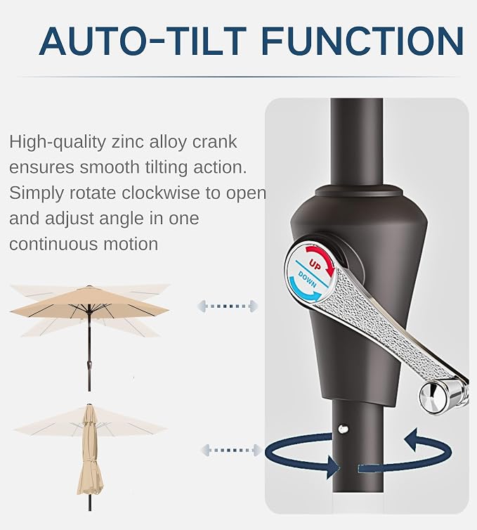9FT Auto-Tilt Patio Umbrella|Outdoor Market Table Umbrella with 8 Fiberglass Ribs for Pool,Deck&Backyard