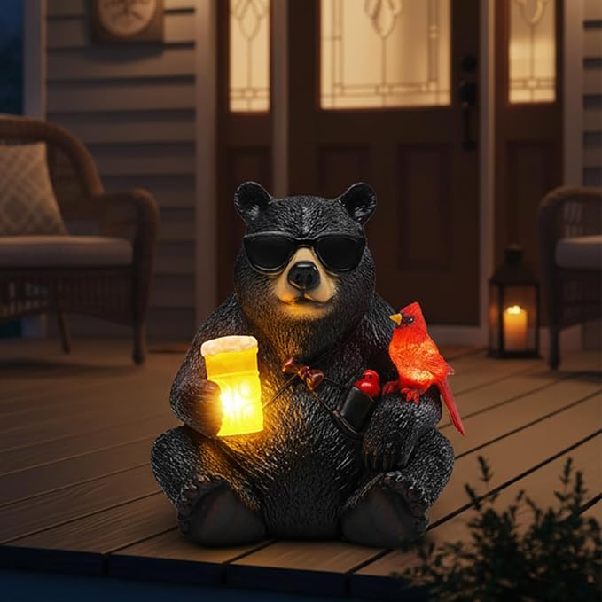 Solar Black Bear Statue for Garden with Beer and Cardinals 6.3" Resin Garden Statues for Outside Yard Paito Porch Decor Birthday Gardening Gifts for Women Mother Sister Grandmother Wife