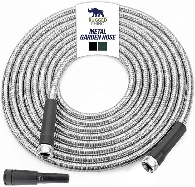 RUGGED RHINO Metal Garden Hose with Spray Nozzle, 50FT, 304 Stainless Steel, 750 PSI Burst Strength, Heavy Duty Flexible Water Hose, Kink Resistant, Leakproof for Yard, Lawn and Outdoor Use, Silver