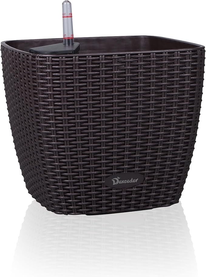 Dexceder 11x10 Self Watering Planter (Brown Rattan) | Inner Mat Design, Thickened Table Flower Plant Pot with Water Level Indicator Indoor Outdoor