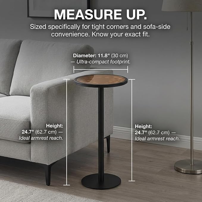 Black Drink Table, Indoor Outdoor Small Round Side Table with Tempered Glass & Vintage Scroll Design, 24.7" Pedestal End Table for Living Room, Patio, Balcony, Industrial Modern Accent Table