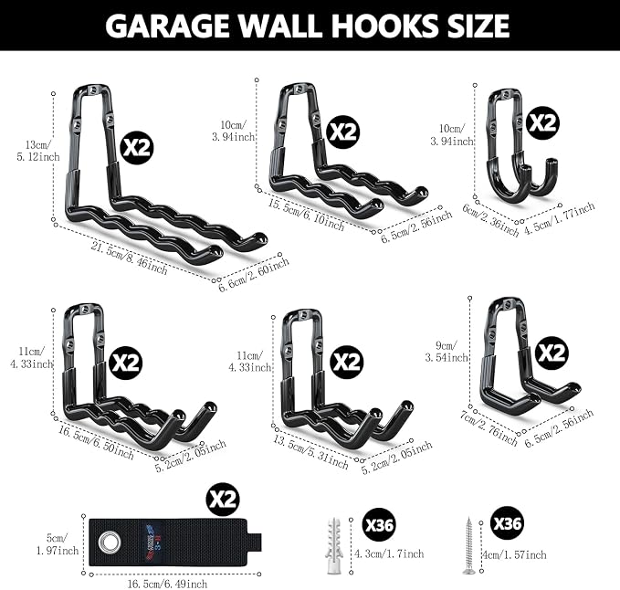 3-H Super Heavy Duty Garage Hooks 14 Pack, One-Piece Construction Garage Wall Hooks, Garage Hanger & Organizer Wall Mount for Ladders, Bikes, Chairs, WeedEaters, Shovels, Garden Tools (Black)
