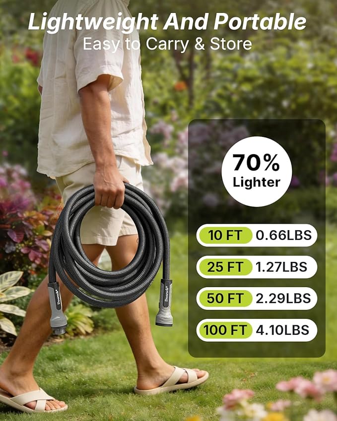 Garden Hose, Flexible Ultra Lightweight Durable, Kink-Free Water Hose with 10 Function Sprayer - Non-Shrinking, Easy to Store, All-Weather, High-Pressure, Black (25 FT)