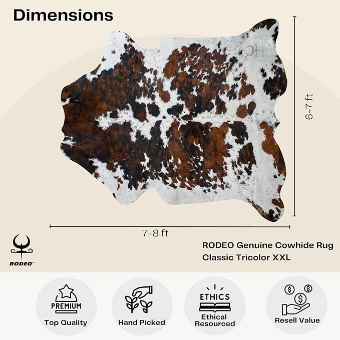 rodeo Tricolor Cowhide Rug – Genuine Western Cowhide for Living Room, Bedroom, Office or Luxury Hotel Décor – Hypoallergenic, Pet & Child Friendly – Extra Large 7x8 ft Rug