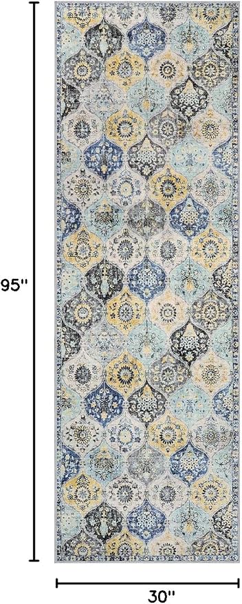 Lahome Moroccan Washable Hallway Runner, 2'5''x8' Kitchen Runner Non Slip | Ultra-Thin Oriental Laundry Room Rug Carpet for Entryway Bedroom Bathroom Elise, Yellow/Aqua