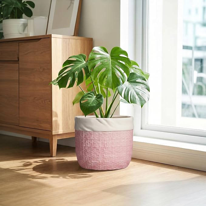 9.8 Inch Plant Pot - Ceramic Planter with Drainage Hole and Plug, Round Boho Planters for Indoor Plants Outdoor, Ceramic Flower Pots, Balcony Office Decor, Gifts for Plant Lovers, Pink