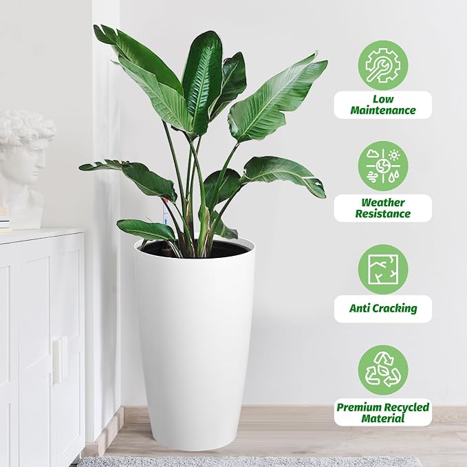 Garvee Tall Planters for Outdoor Plants, 22 in Large Planters Set of 2, Outdoor & Indoor Planters with Water Level Monitor ＆ Inner Bucket, Automatic Watering, for Porch, Patio, Backyard, White