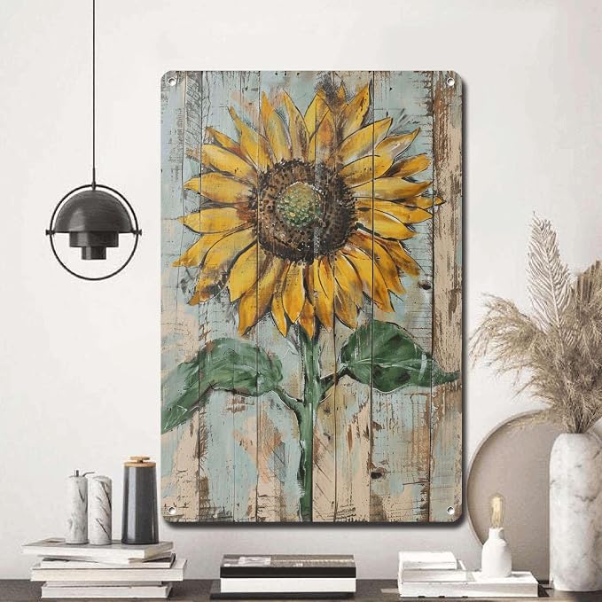 Metal Sign Tin Sign Vintage Wall Art Bright Yellow Sunflower Tin Sign for Vintage Shabby Chic Interiors Weathered Texture Displays and Bathroom Decor for Home Decor 12×16 Inches
