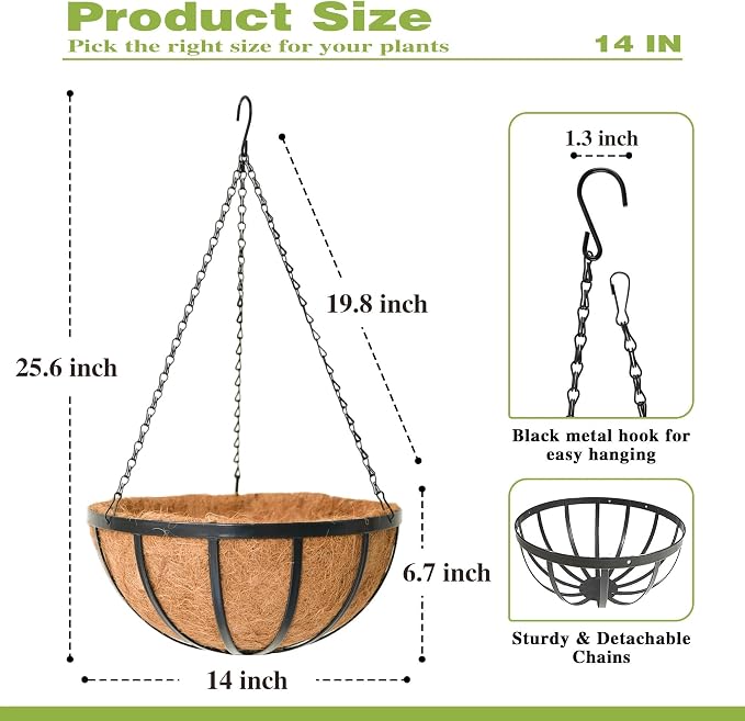 14 Inch Black Flat Iron Metal Hanging Planter Basket with Coco Coir Liner(4 Pack) Hanging Planters for Outdoor Plants Hanging Baskets for Plants Flower Pots for Deck Patio Porch Garden Balcony