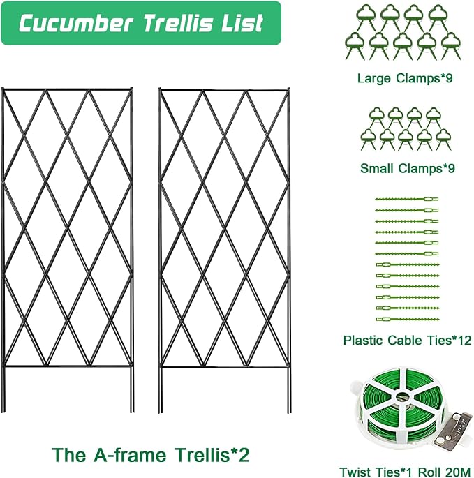 DoCred Cucumber Trellis, 39.4" H 2 Pack Metal Foldable Thickened A Frame Garden Trellis for Raised Bed Climbing Plants, Vegetables, Including Plant Support Clips, Twist Ties, Plastic Ties, Black