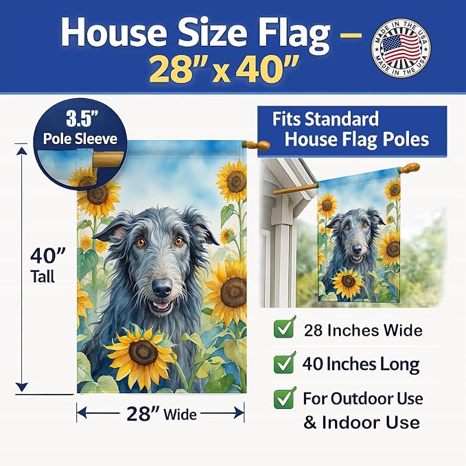 Caroline's Treasures DAC6157CHF Scottish Deerhound in Sunflowers House Flag Large Porch Sleeve Pole Decorative Outside Yard Banner Artwork Wall Hanging, Polyester, House Size, Multicolor
