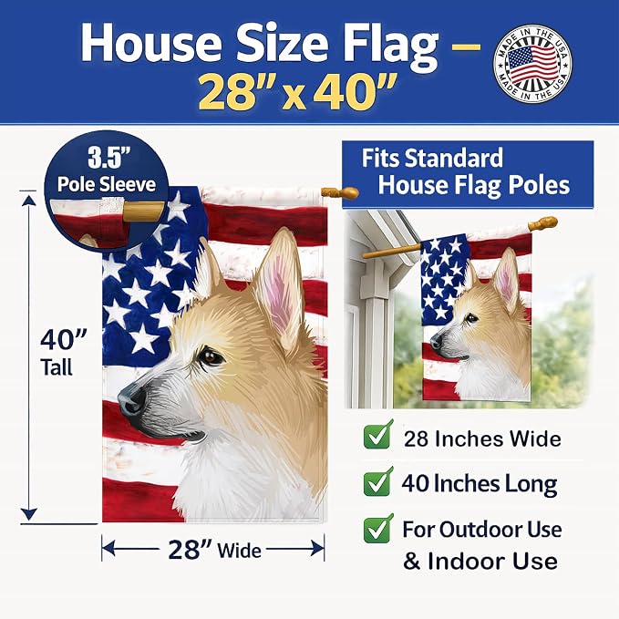 Caroline's Treasures CK6630CHF Norwegian Buhund Dog American Flag House Flag Large Porch Sleeve Pole Decorative Outside Yard Banner Artwork Wall Hanging, Polyester, House Size, Multicolor