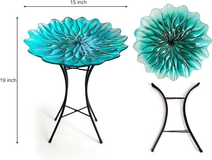 HONGLAND Bird Bath for Outside,15" Diameter Large Glass Birdbaths for Outdoors,Detachable Bird Baths Bowl with Metal Stand for Garden Patio Lawn Decor,19" Height - Green
