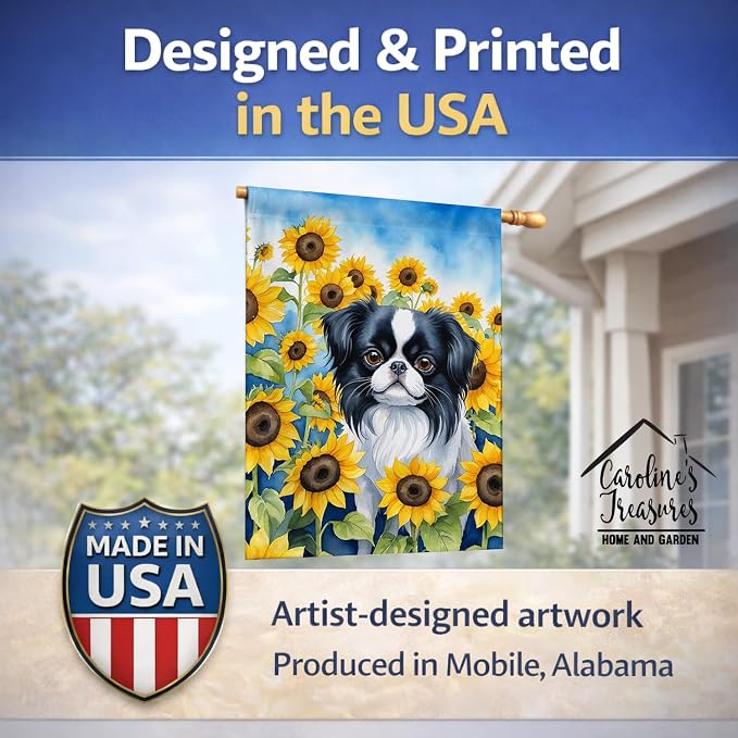 Caroline's Treasures DAC6103CHF Japanese Chin in Sunflowers House Flag Large Porch Sleeve Pole Decorative Outside Yard Banner Artwork Wall Hanging, Polyester, House Size, Multicolor