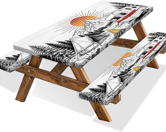 Picnic Table and Bench Covers Set Camping Essentials - Vintage Retro Mountain Camper Waterproof Windproof Tablecloth, Camping Accessories with Drawstring Bag Fits for Camping Picnic, 30X72 inch