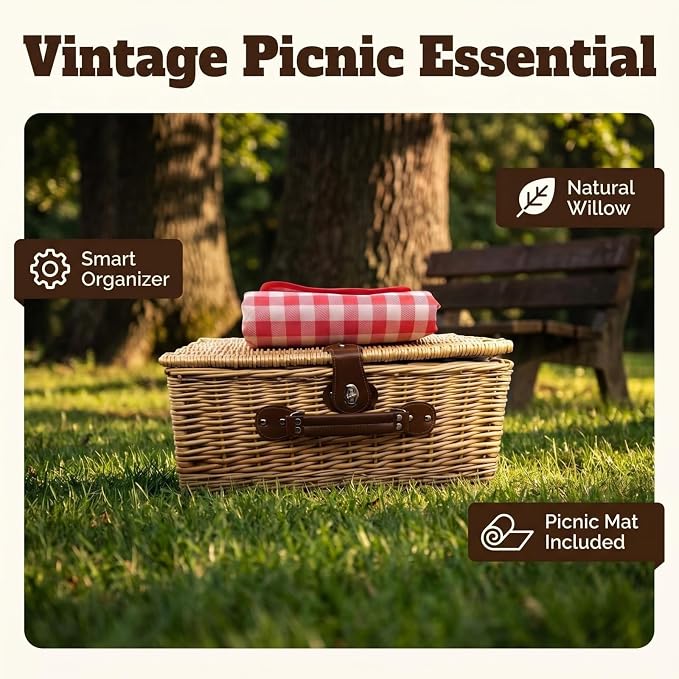 Multifunctional Wicker Picnic Basket Set for 4 Blanket Family Folding Wine Table,Insulated Portable Extra Big Storage Capacity Woven Rattan Canasta De Full Tablewares Camping Outdoor Flowers Star