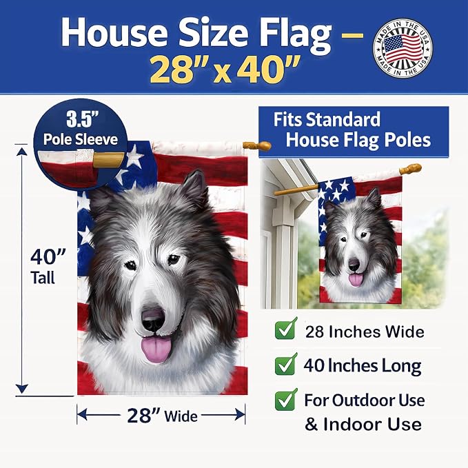 Caroline's Treasures CK6473CHF Canadian Eskimo Dog American Flag House Flag Large Porch Sleeve Pole Decorative Outside Yard Banner Artwork Wall Hanging, Polyester, House Size, Multicolor