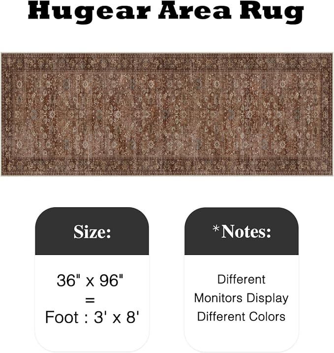 HUGEAR 3x8 Runner Rug Machine Washable Brick Red Hallway Area Rug Indoor Accent Rugs Floral Low Pile Carpet Soft Throw Rugs Bedroom Living Room Office Dining Kitchen Laundry Non Slip