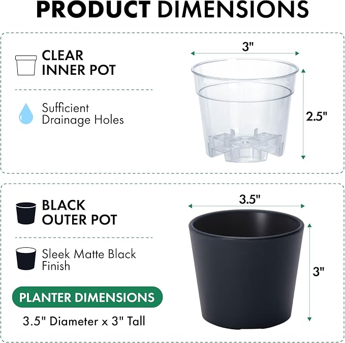 Phoenix Vine 3.5 Inch Black Plastic Cachepot with Clear Nursery Pot, Decorative Lightweight Planter Cover with Transparent Inner Pot for Indoor Houseplants, Pack of 8, 24-A-E-8