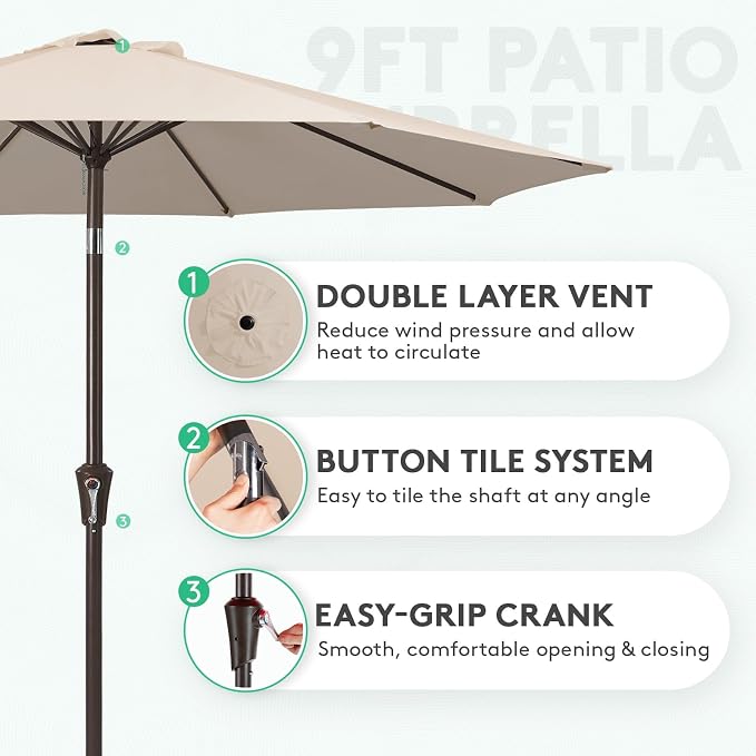 JEAREY 9FT Outdoor Patio Umbrella Market Umbrella with Push Button Tilt and Crank, Outdoor Table Umbrellas 8 Sturdy Ribs UV Protection Waterproof for Garden, Deck, Backyard, Pool (Cream Beige)