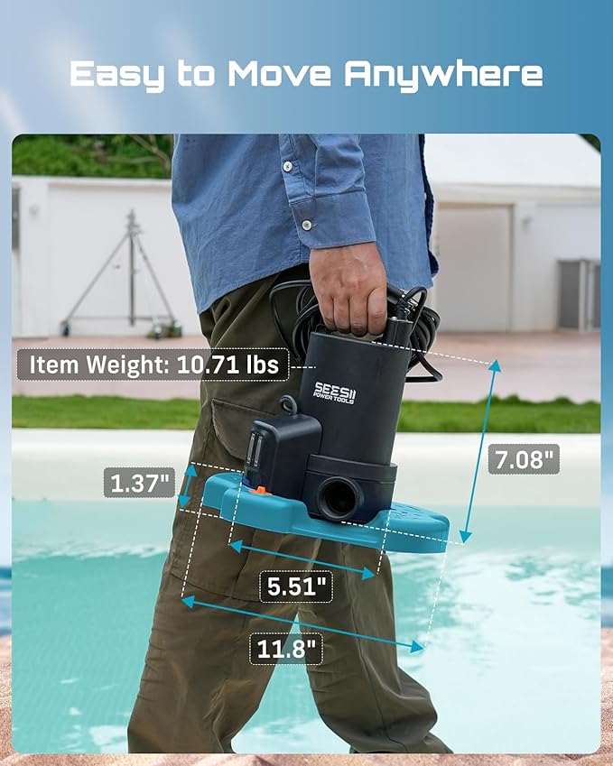 SEESII Auto 2-in-1 Pool Cover & Submersible Water Pump, 1/3 HP | 3035 GPH Sump Pump, Smart Auto On/Off, Clog-Free Net. Ideal for Pools, Flooded Basements, Hot Tubs & Garden Ponds
