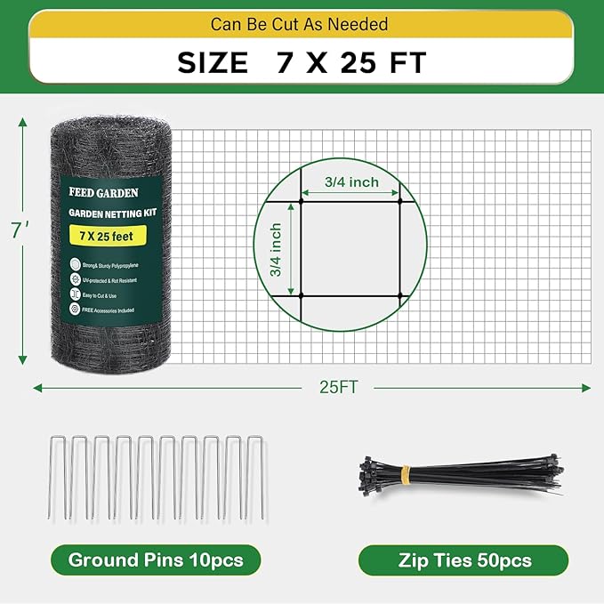 FEED GARDEN Garden Netting 7FT x 25FT for Raised Beds, Heavy Duty Bird Netting & Deer Fence with 3/4 Inch Mesh, UV Resistant Garden Cover for Strawberries, Vegetables, Flowers and Garden Plants