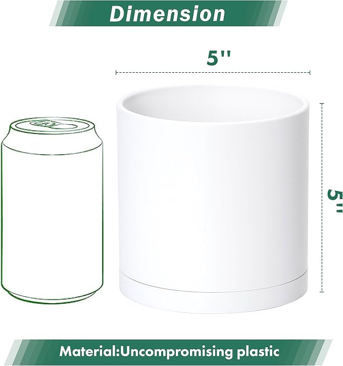D'vine Dev 2 Pack 5 Inch Modern Plastic Plant Pots, Small Garden Planters for Plant with Drainage Holes and Saucers, White Color, 74-Z-G-1