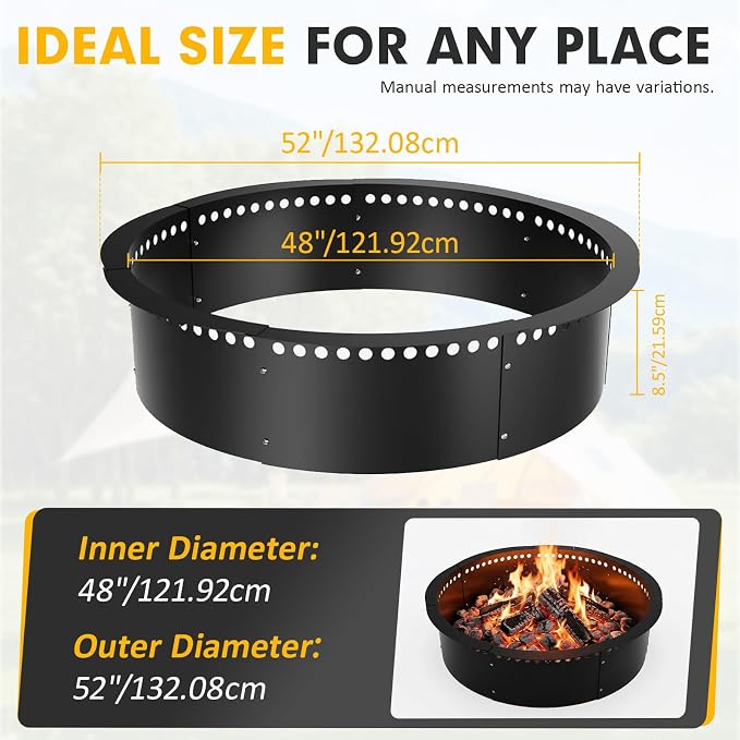 Smokeless Fire Pit Ring, 52 inch Outer/48 inch Inner Outside Fire Pit, Heavy Duty Large Solid Metal Steel Round Firepit Rim Insert for Outside Wood Burning, DIY Campfire Ring