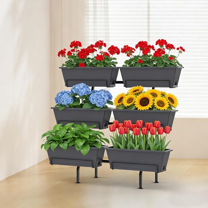 ETELI Vertical Raised Garden Bed 3 Tier Garden Planter Indoor Outdoor Herb Planter with 6 Removable Boxes Standing Garden Planter with Drainage Holes Elevated Raised Bed for Patio Balcony Porch, Grey